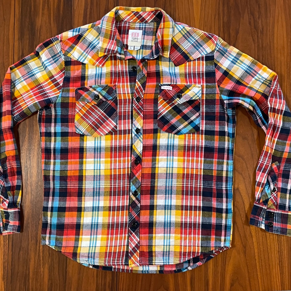 Topo Designs Mountain Plaid Flannel Button Down Shirt size Large